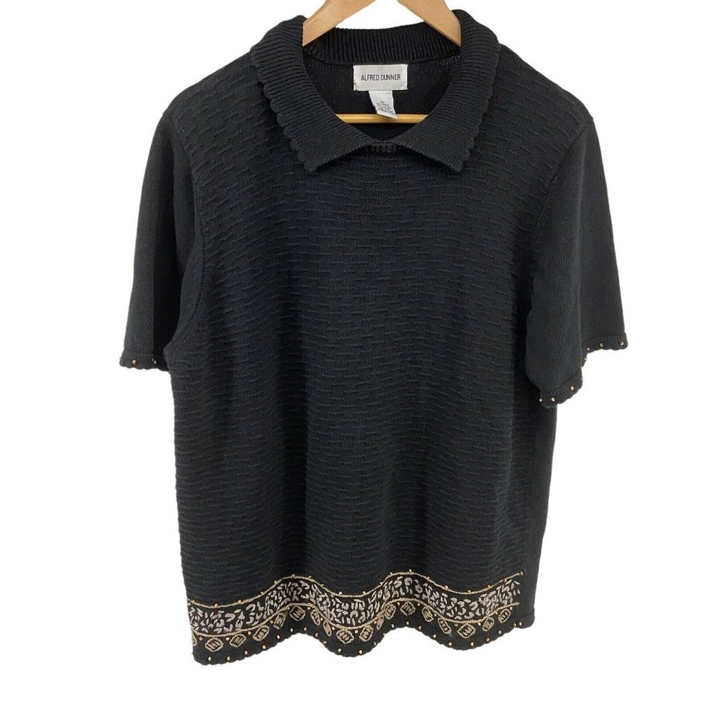 Alfred‎ Dunner Womans Black XL Pullover Short Sleeve Ebroidered Beaded Sweater
